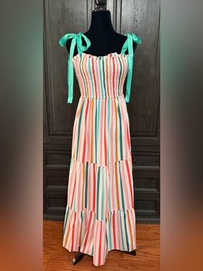 Shein Rainbow colorful Candies Stripe Cami Maxi Dress w-Green Ribbon straps -S